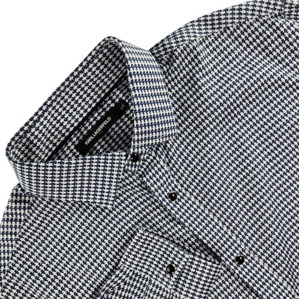 Karl Lagerfeld Shirt Mens Large Navy White Houndstooth Stretch Cotton Blend